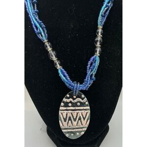 Boho Multi Strand Blue Beaded Necklace with Oval Pendant